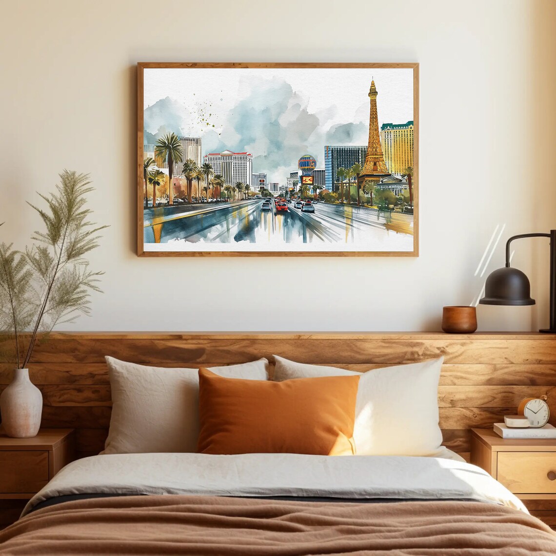 Las Vegas Strip Watercolor with Eiffel Tower Replica Night Poster - Image 3