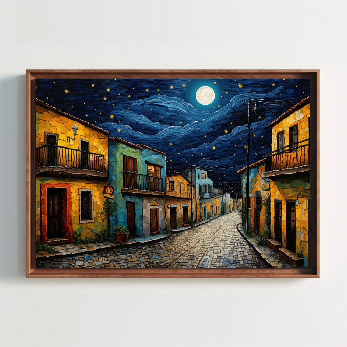Mexican Street Under Moonlight with Swirling Starry Sky Poster