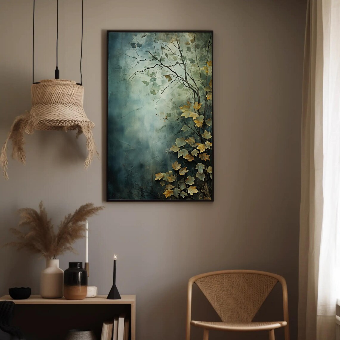 Abstract Golden Branches In Teal Fog Moody Nature Art Poster - Image 4