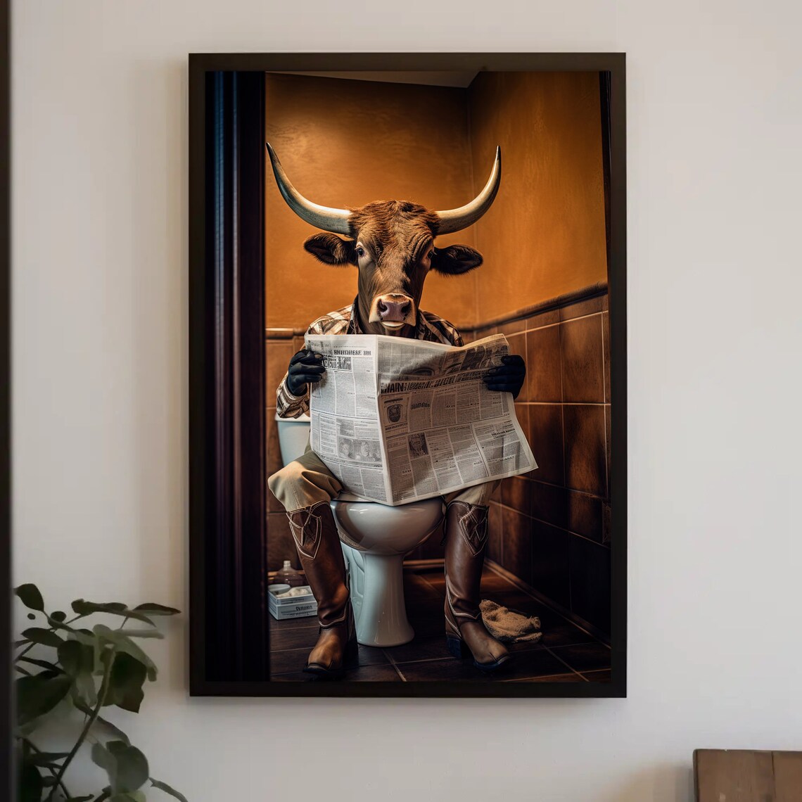 Texas Longhorn Cow Bathroom Art Print, Farmhouse Humor