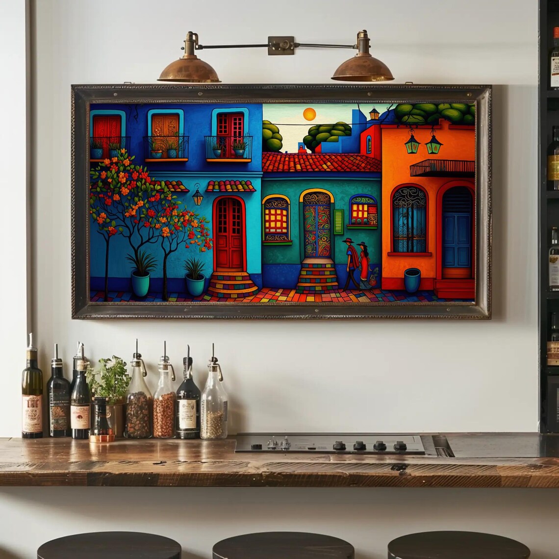 Mexican Colonial Street Folk Art Painting with Colorful Houses Poster