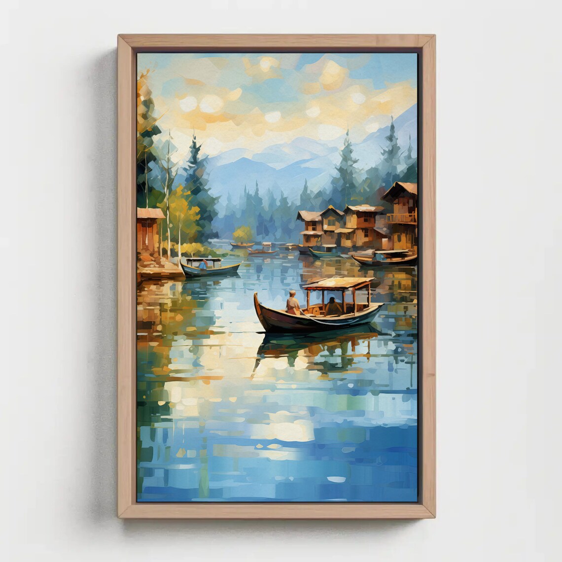 Dal Lake Kashmir Houseboats Mountain Water Reflection Painting Poster - Image 2