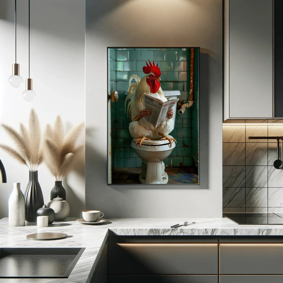 Rooster Reading Newspaper on Toilet Funny Farmhouse Bathroom Poster - Image 4