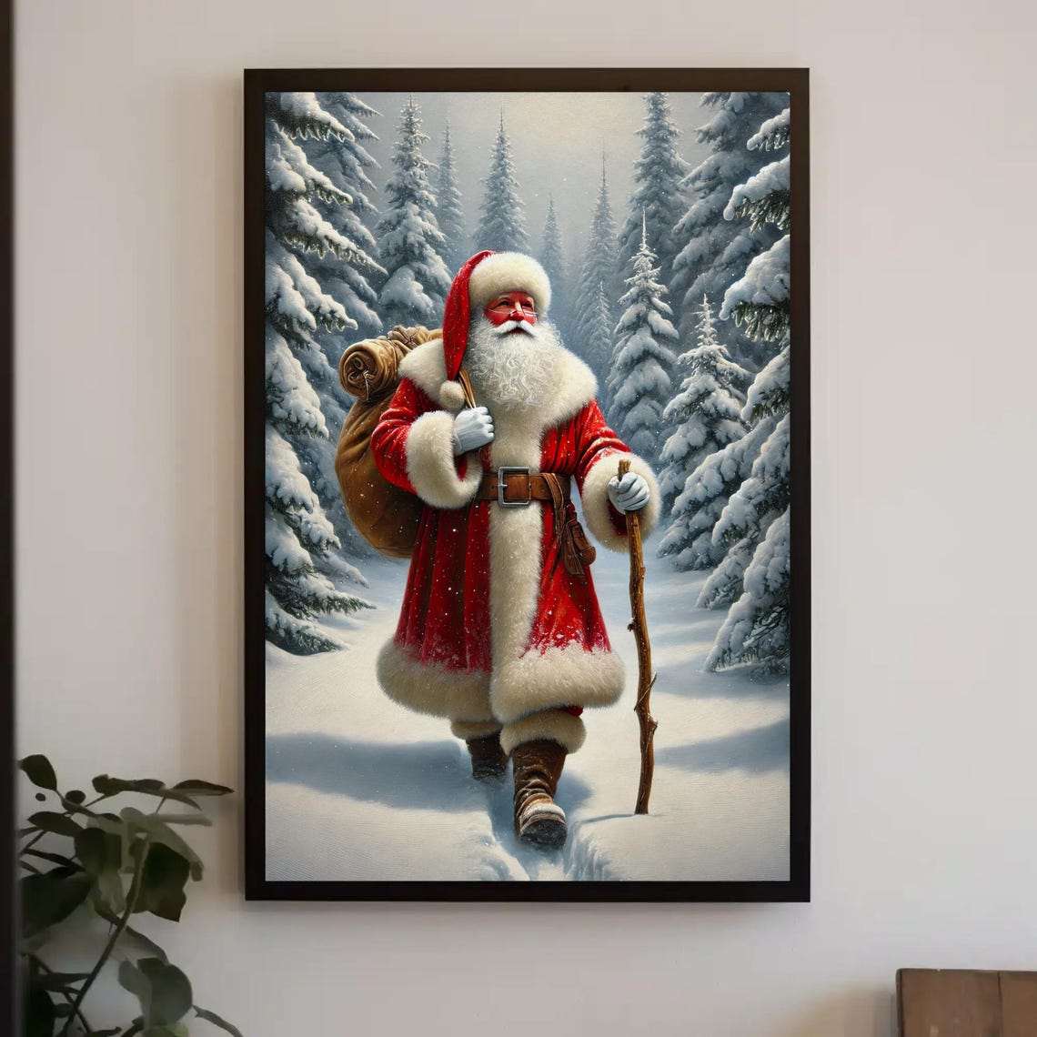 Santa Claus Hiking Through A Snowy Forest Winter Trail Poster