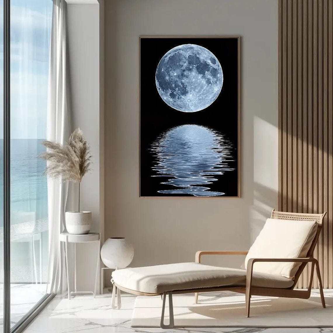 Full Moon Over Black Ocean Water Reflection Minimalist Night Poster - Image 5