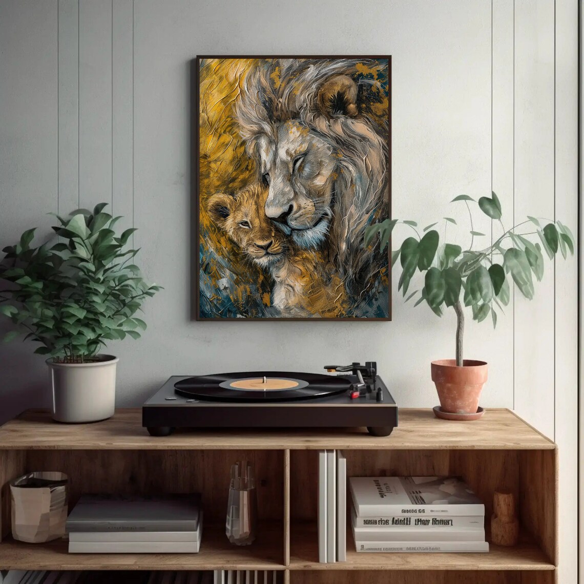 Father Lion Nuzzling Cub Tender Oil Painting Wildlife Wall Poster - Image 3