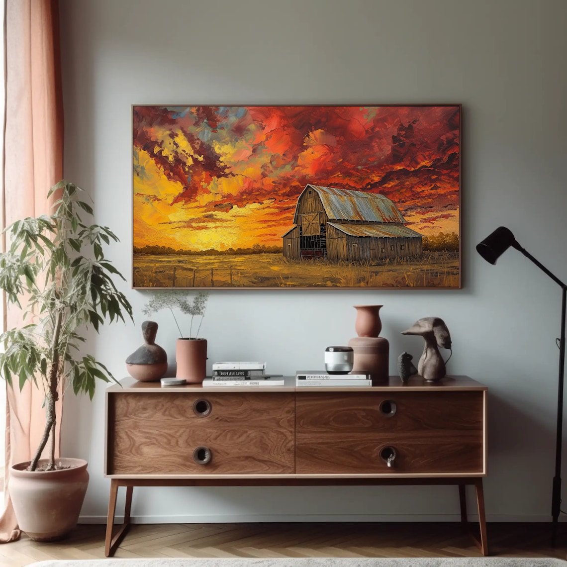Weathered Wooden Barn Fiery Orange Sunset Sky Oil Painting Poster