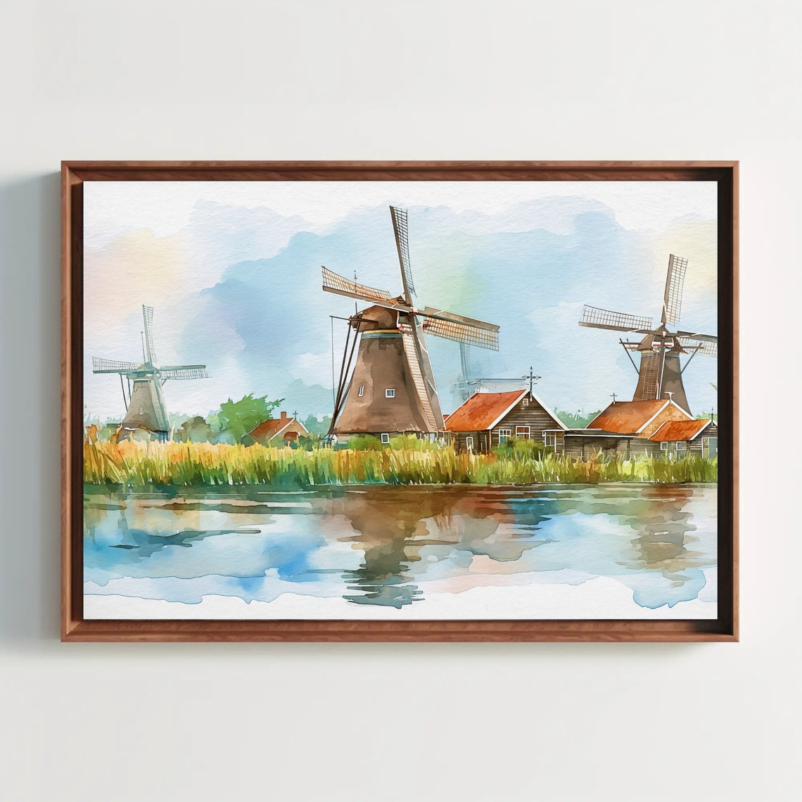 Dutch Windmills River Reflections Watercolor Countryside Poster