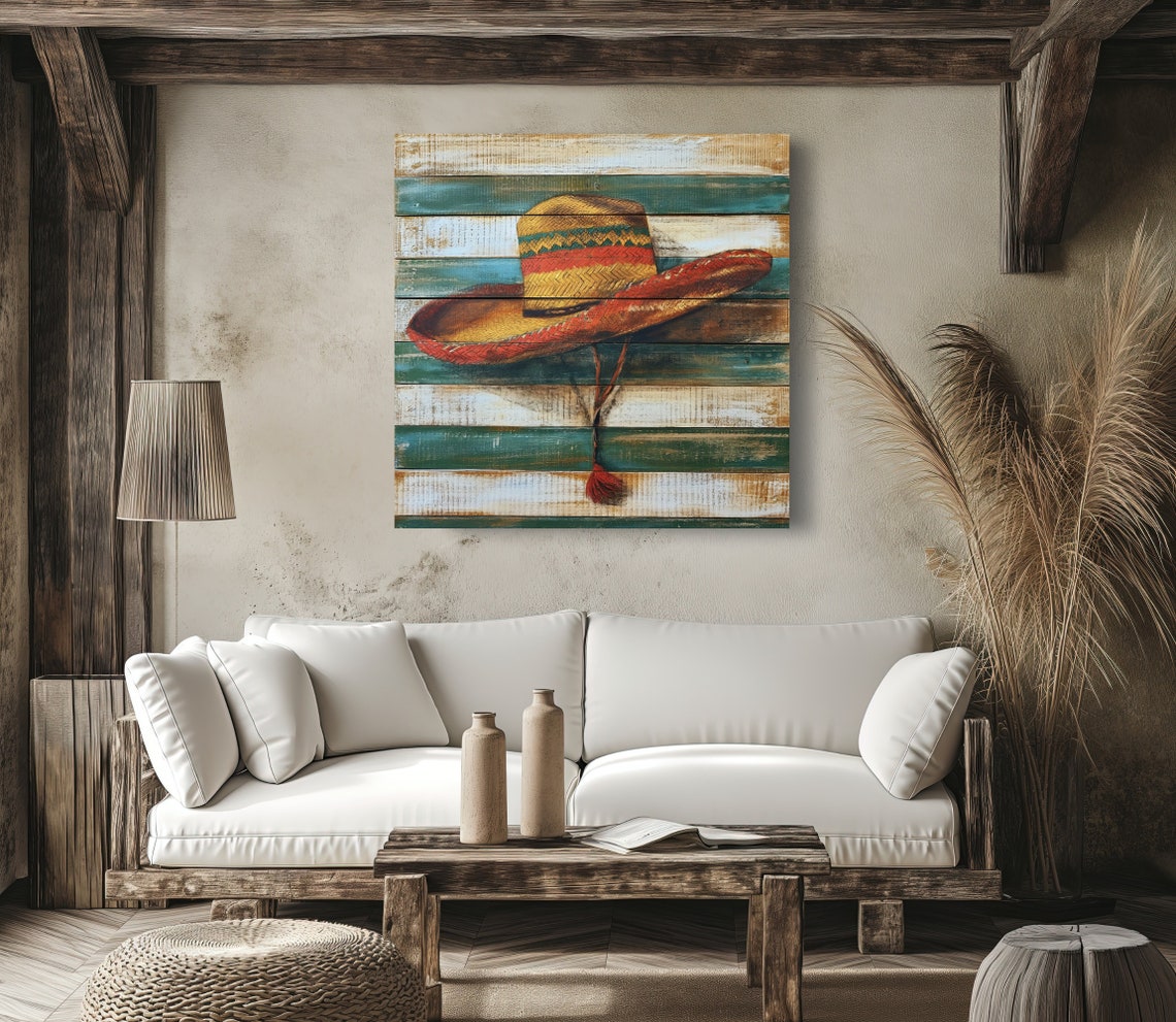 Mexican Sombrero Hat on Turquoise Wood Plank Rustic Wall Poster - Image 5