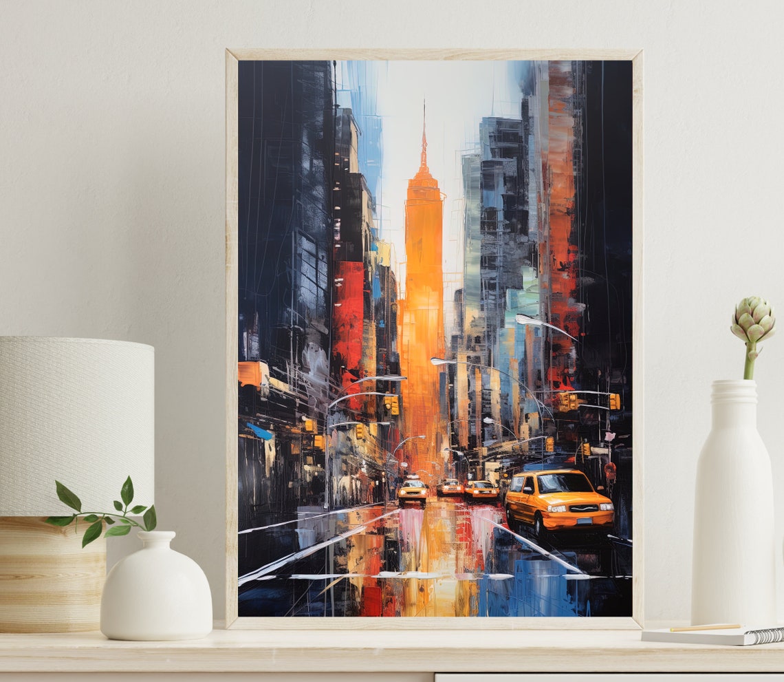 New York City Yellow Taxis Rainy Night Street Scene Art Poster