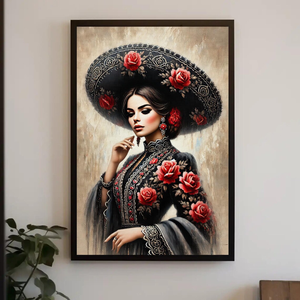 Mexican Woman In A Rose Embroidered Sombrero Folk Art Poster