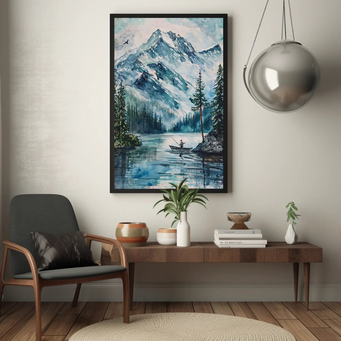 Fisherman In Canoe On Alpine Lake Snowy Peak Watercolor Poster - Image 3