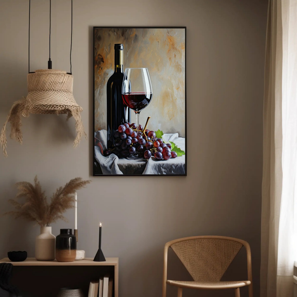 Red Wine Bottle Glass Grapes Classic Still Life Painting Poster - Image 4