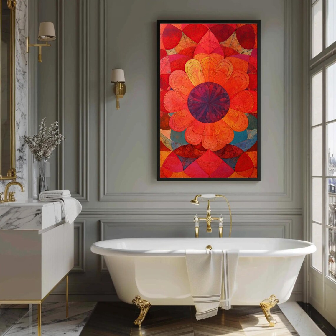 Radiant Red Mandala Flower with Geometric Abstract Petals Art Poster - Image 3