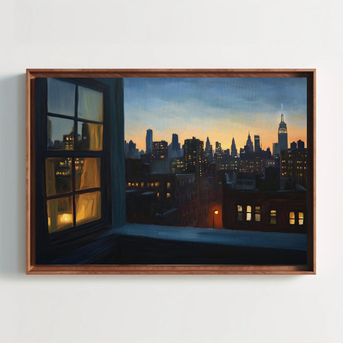 New York City Skyline Glowing At Dusk Seen From A Window Poster