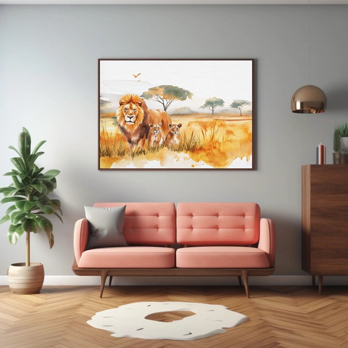 Lion and Cubs in Golden African Savannah Sunset Watercolor Poster - Image 2