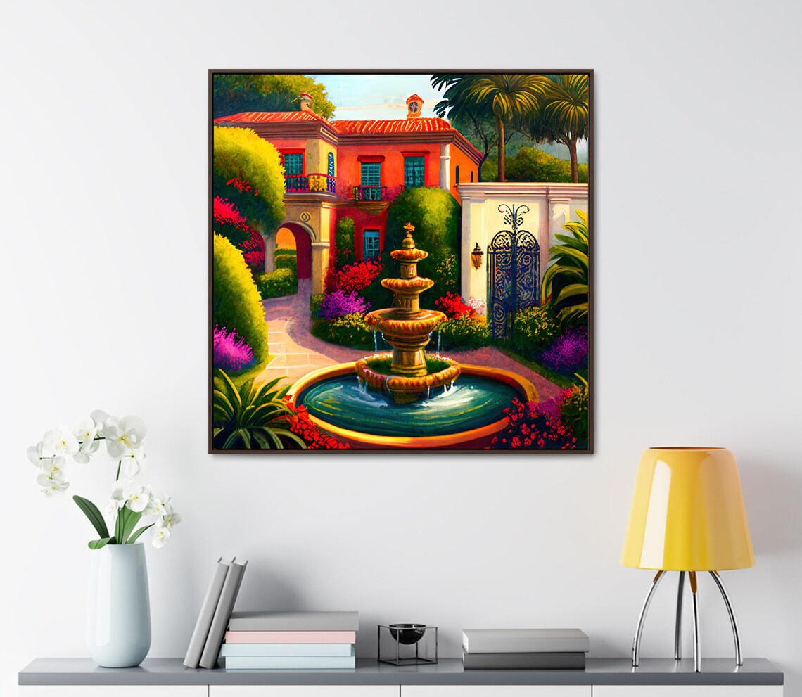 Mexican Red Hacienda Tiered Fountain Lush Garden Colonial Art Poster - Image 2