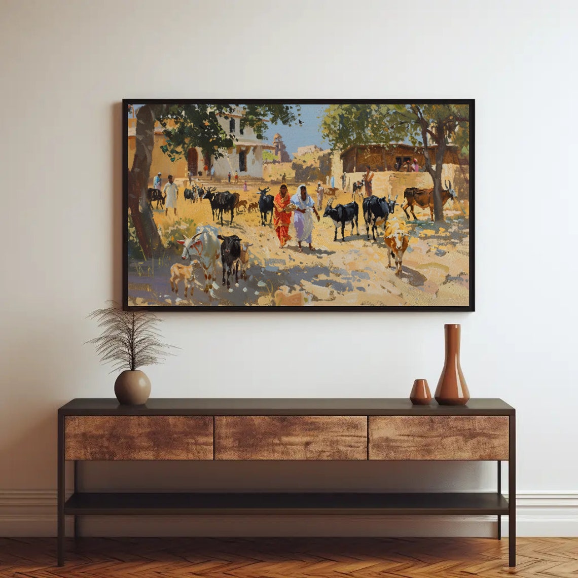 Indian Village Cattle Herd Women Temple Rural Painting Poster - Image 2