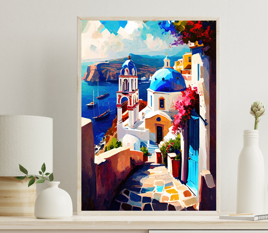 Santorini Blue Dome Bell Tower Seaside Stairway Scene Poster