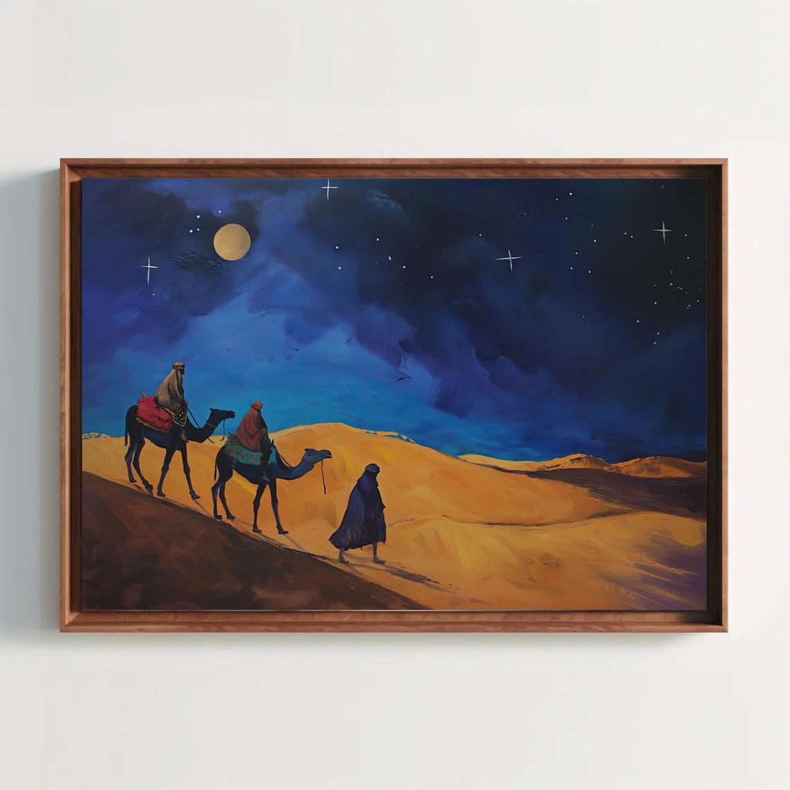 Desert Nomads With Camels Under A Starry Moonlit Night Poster