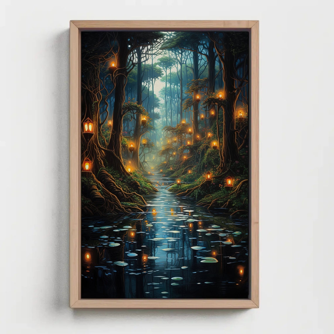 Moonlit Lantern Forest Lily Pad Stream Night Fantasy Decor Print - Image 5