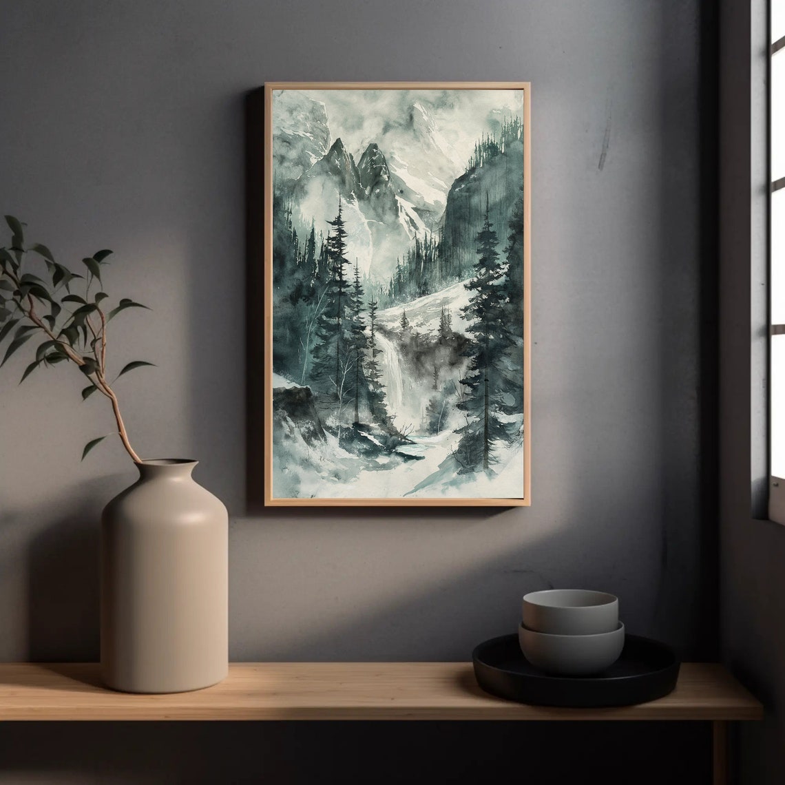 Misty Pine Forest Waterfall Watercolor Snowy Mountains Poster - Image 4
