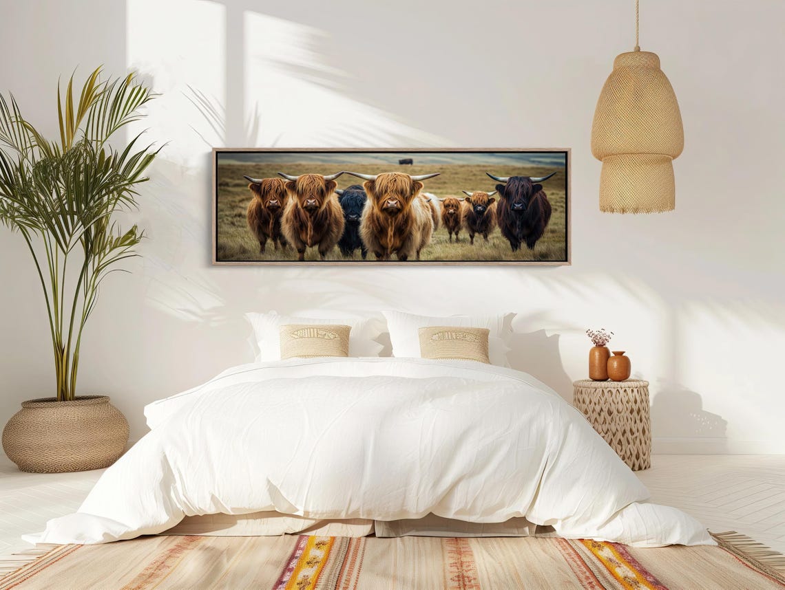 Highland Cow Herd In A Field Panoramic Wide Cattle Art Poster - Image 2