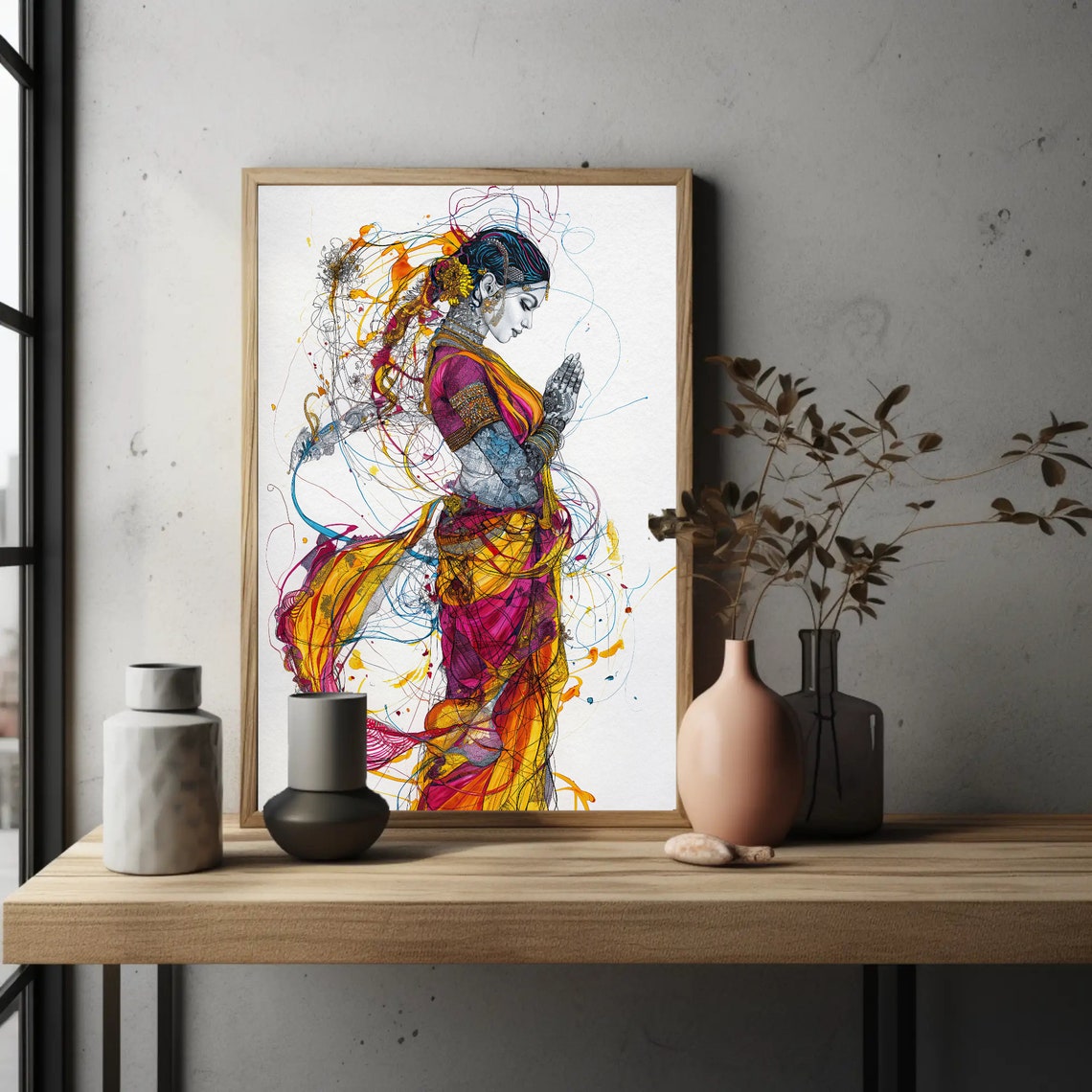 Indian Woman in Namaste Greeting Pose Abstract Line Art Poster - Image 2