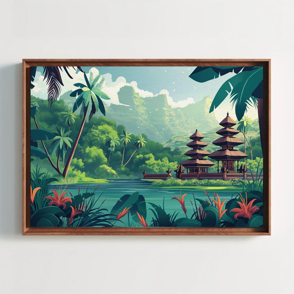 Bali Temple Garden Lake Modern Illustration Tropical Travel Wall Art