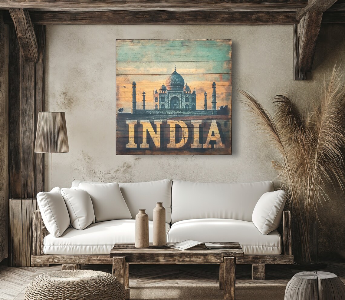 Taj Mahal India Sunset Vintage Sign on Wood Travel Wall Poster - Image 5
