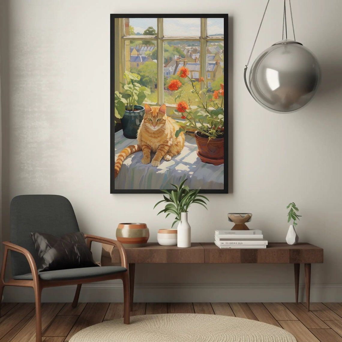 Orange Tabby Cat Relaxing on a Sunny Windowsill Among Plants Poster - Image 5