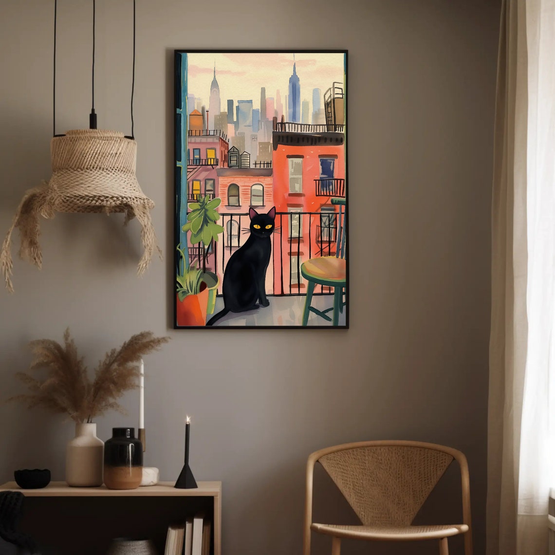 Black Cat on New York Balcony Manhattan Skyline Watercolor Poster - Image 5