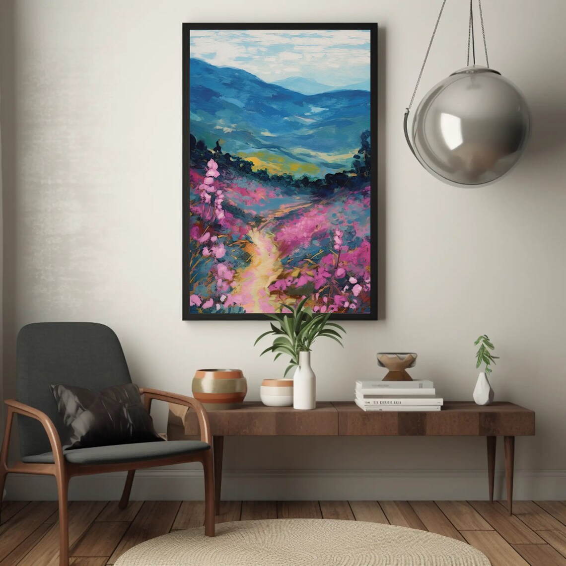 Pink Blossom Valley Trail Blue Mountain Wildflower Scene Poster - Image 5