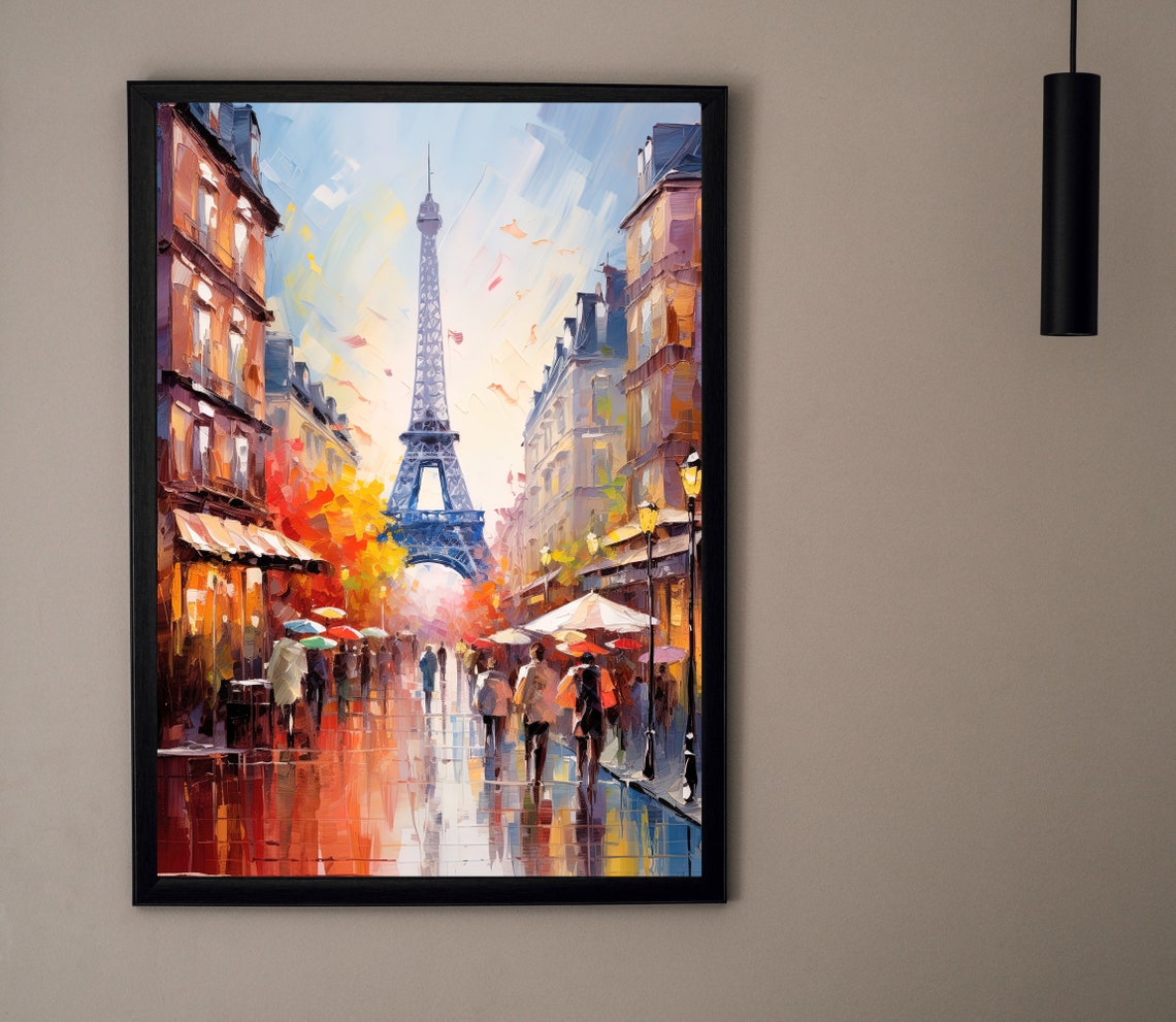 Paris Eiffel Tower Rainy Autumn Street Umbrellas Crowd Art Poster - Image 4