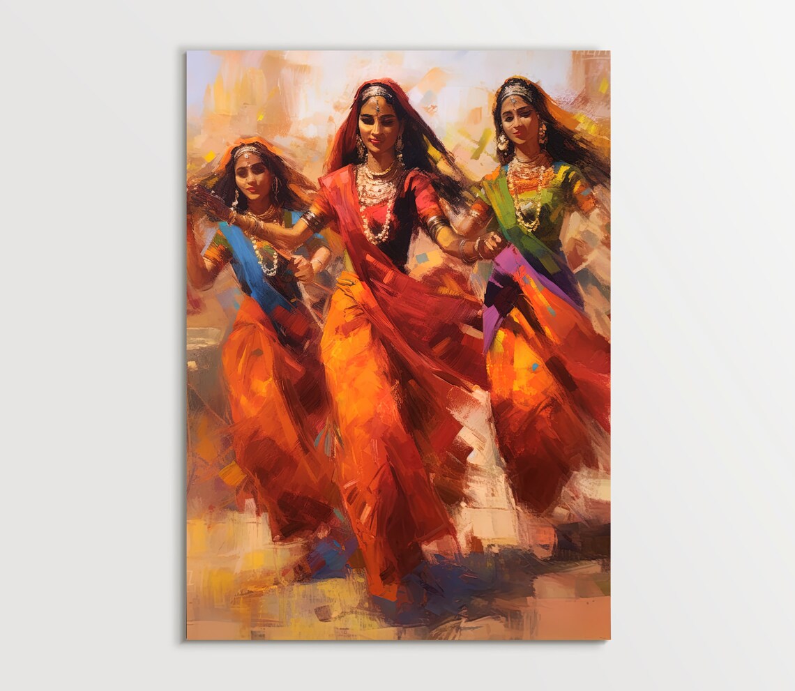 Three Indian Women Dancing Together in Colorful Dresses Poster - Image 5