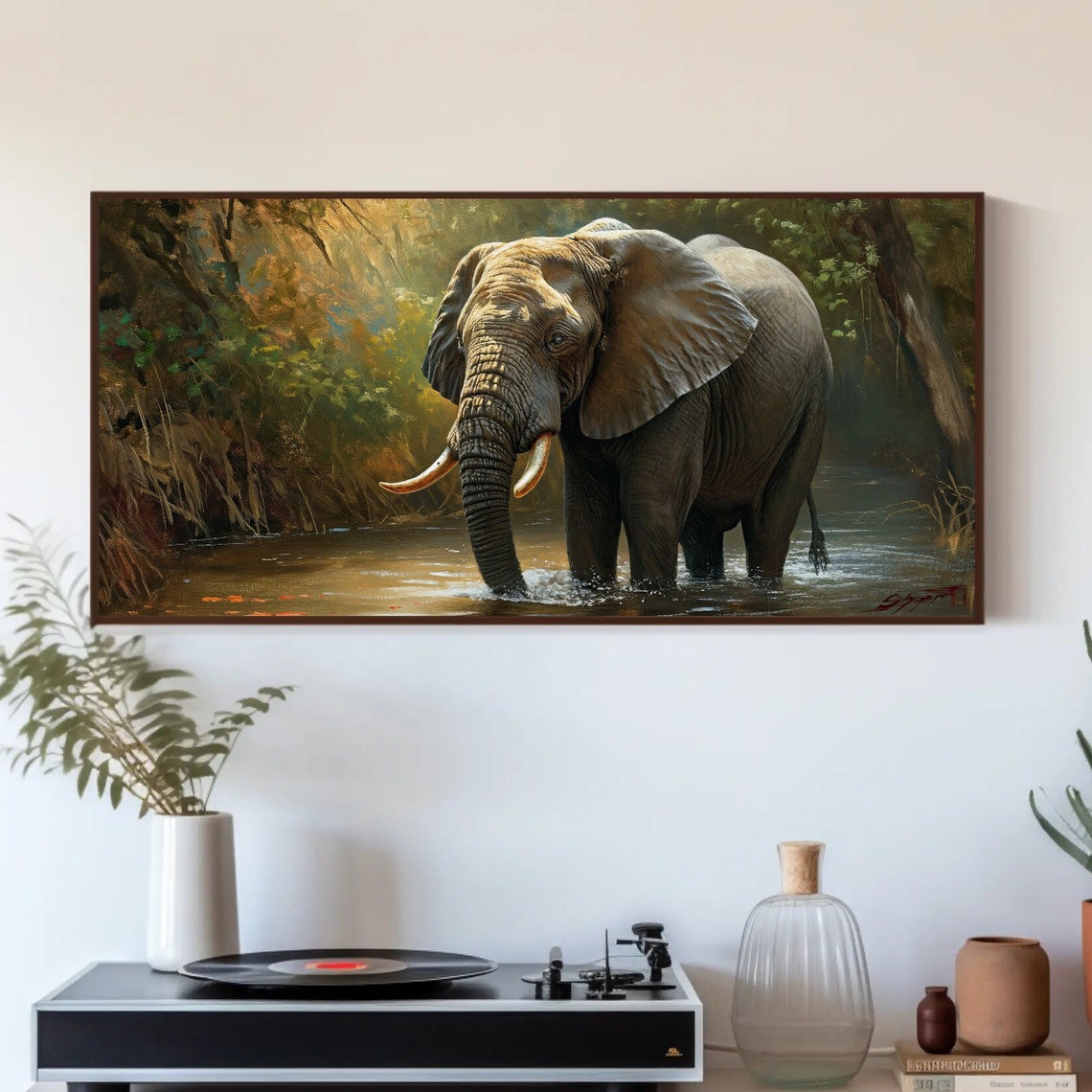 African Elephant Wading River Jungle Wildlife Painting Poster