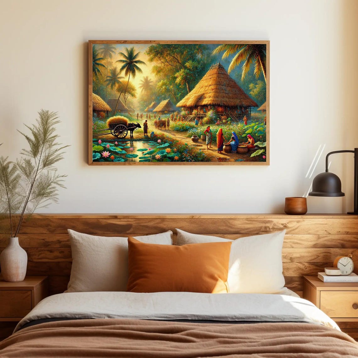 Indian Village At Sunrise Thatched Huts And Lotus Pond Poster - Image 2