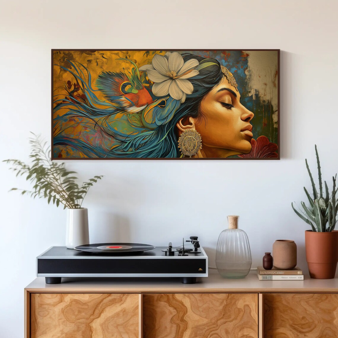 Indian Woman with Peacock Feather Golden Abstract Portrait Poster - Image 3