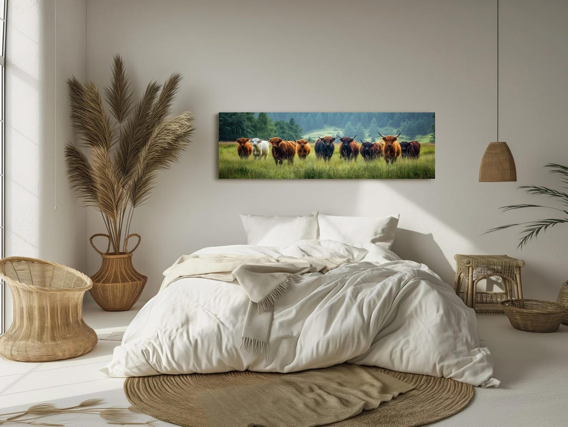 Highland Cow Herd In A Green Misty Meadow Panoramic Cattle Poster - Image 3