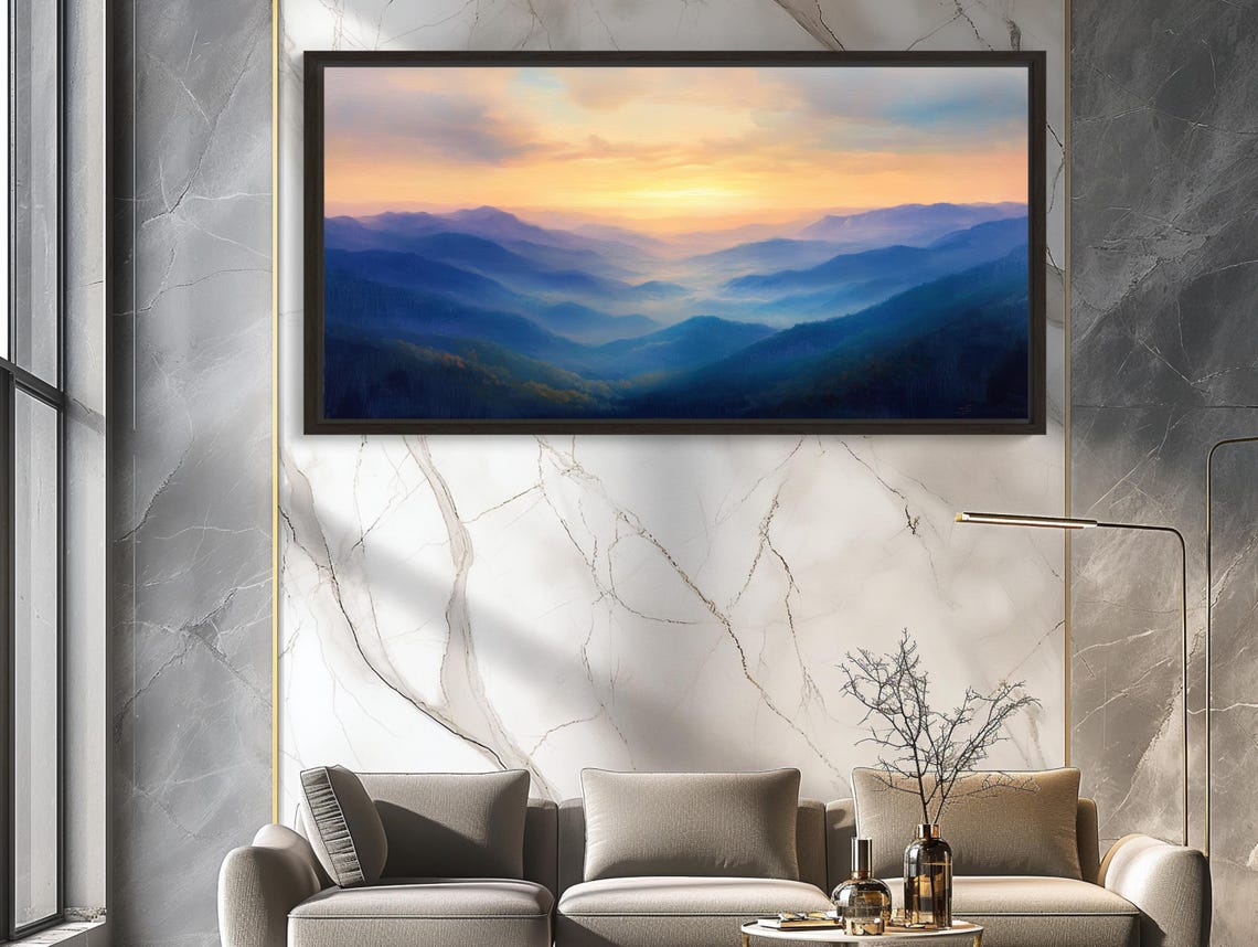 Blue Smoky Mountain Landscape Painting At Dusk Print Serene Nature Wall Art Rustic Mountain Decor Scenic Evening Artwork - Image 2