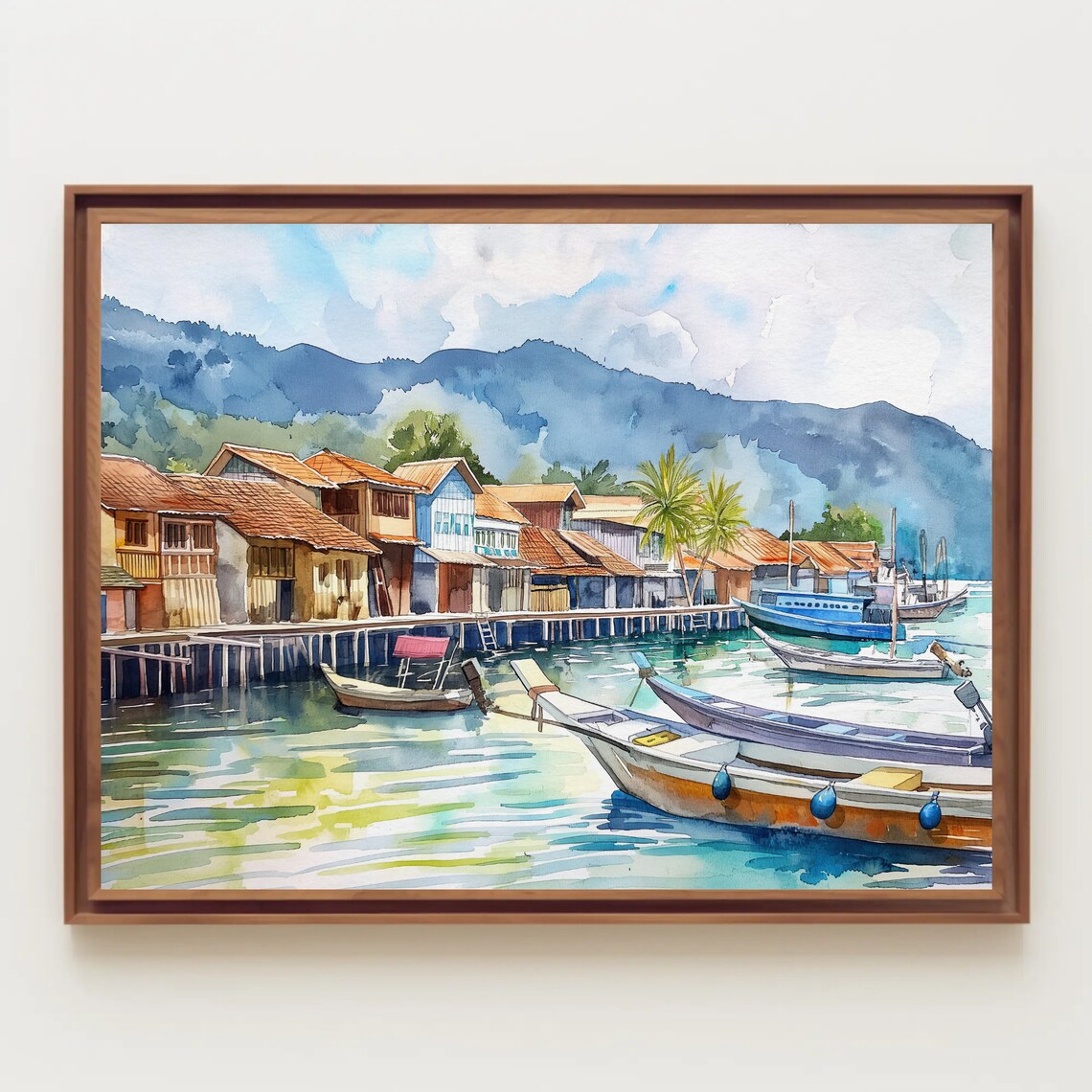 Tropical Fishing Village With Wooden Boats Watercolor Harbor Poster