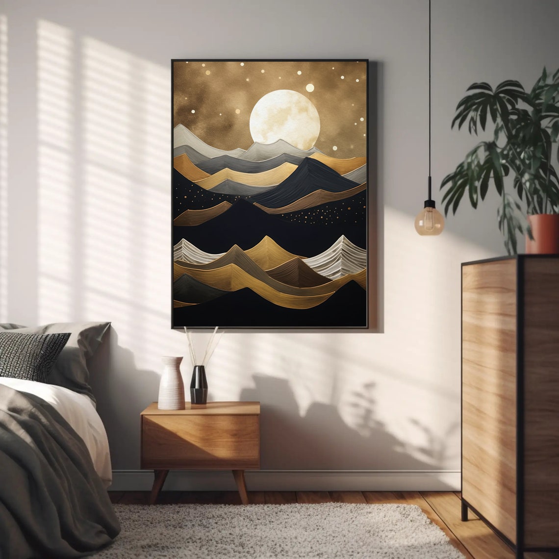 Golden Moon Over Black Mountains Modern Abstract Scene Poster - Image 4