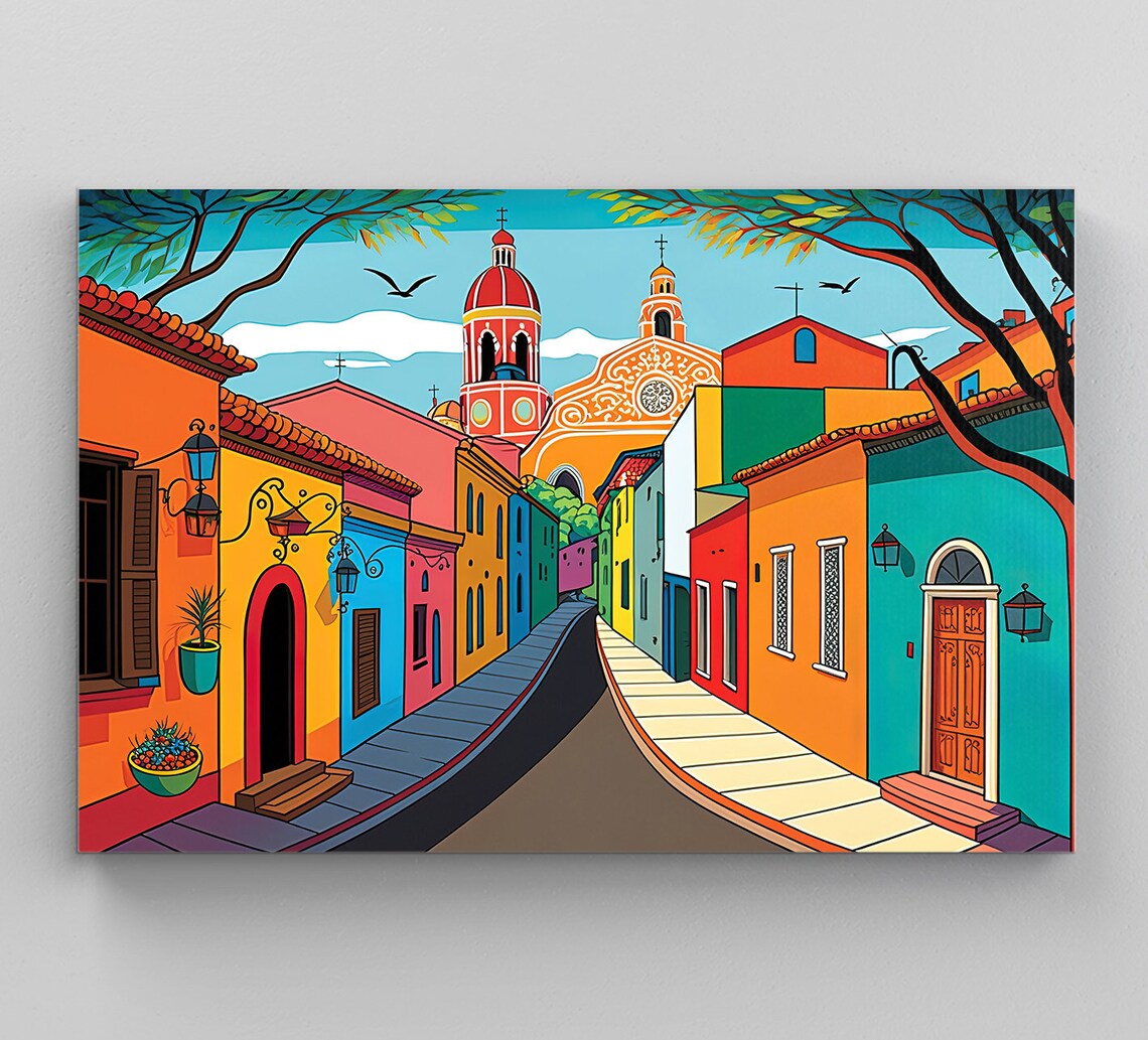 Mexican Village Painting, Colorful Mexican Wall Art