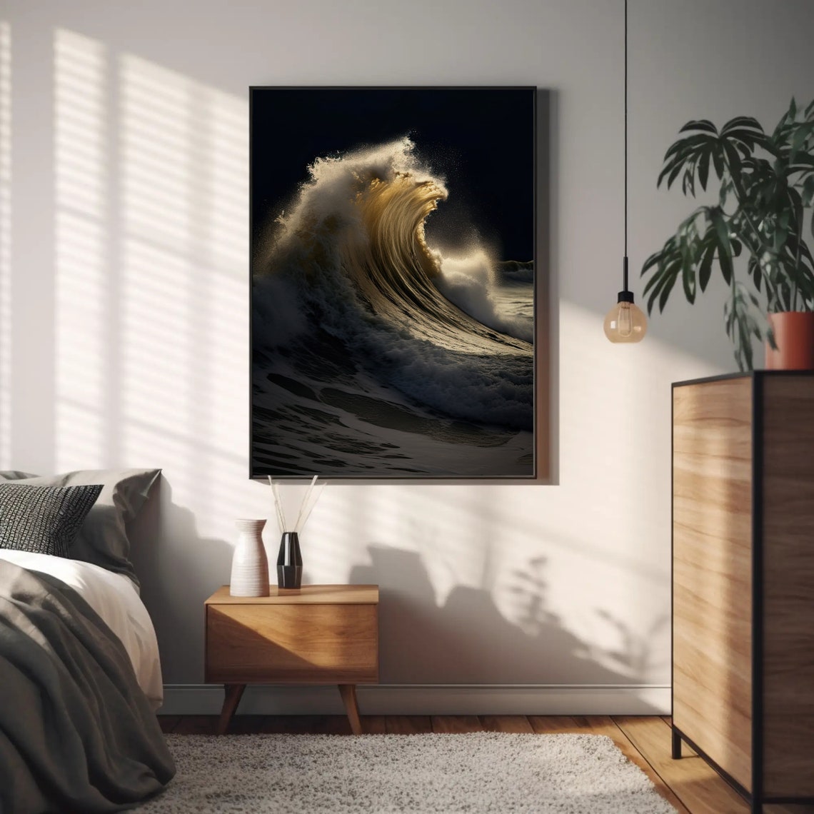 Golden Night Wave Black Background Dramatic Ocean Art Poster - Image 4