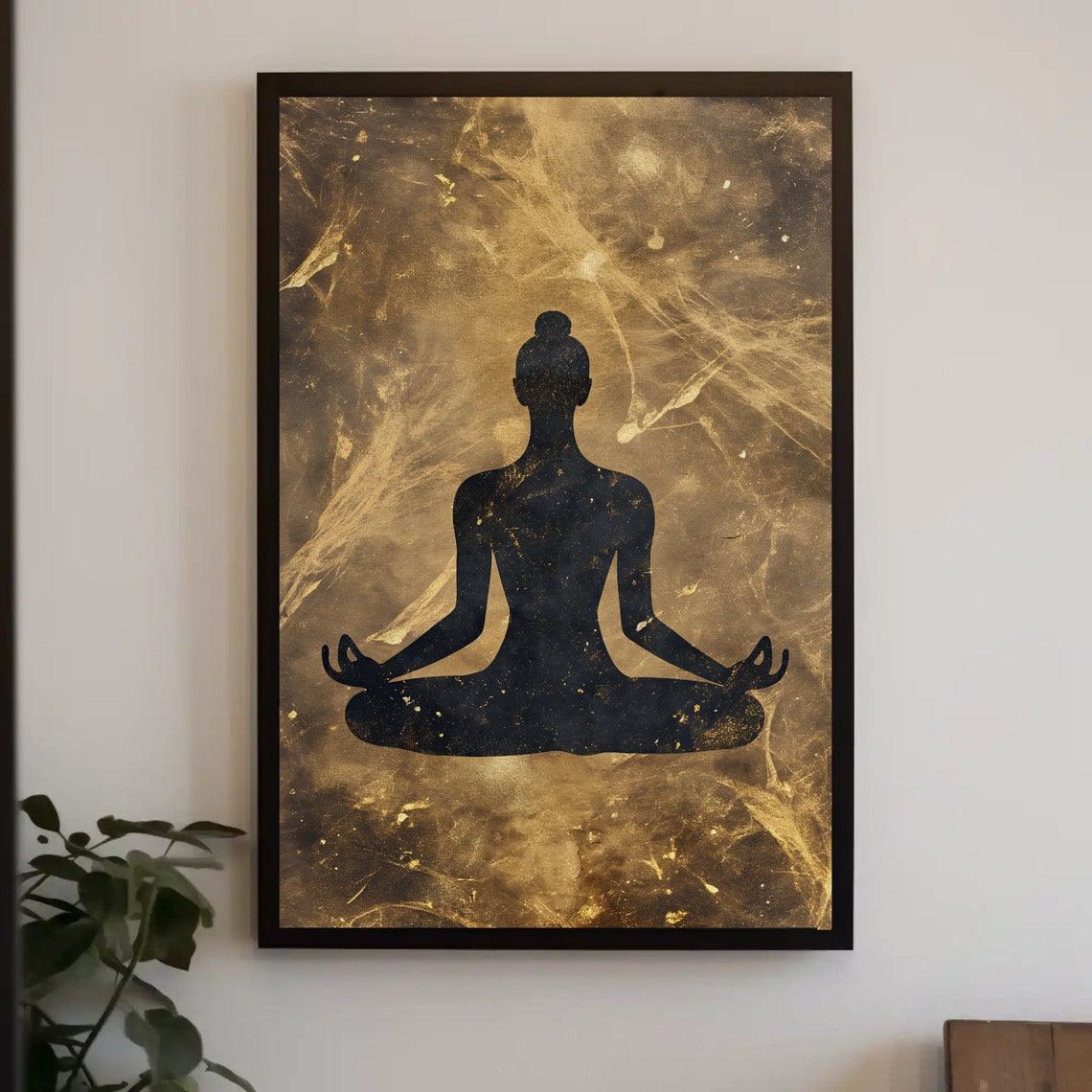 Black Yogi Silhouette Meditating on Gold Marble Meditation Wall Poster