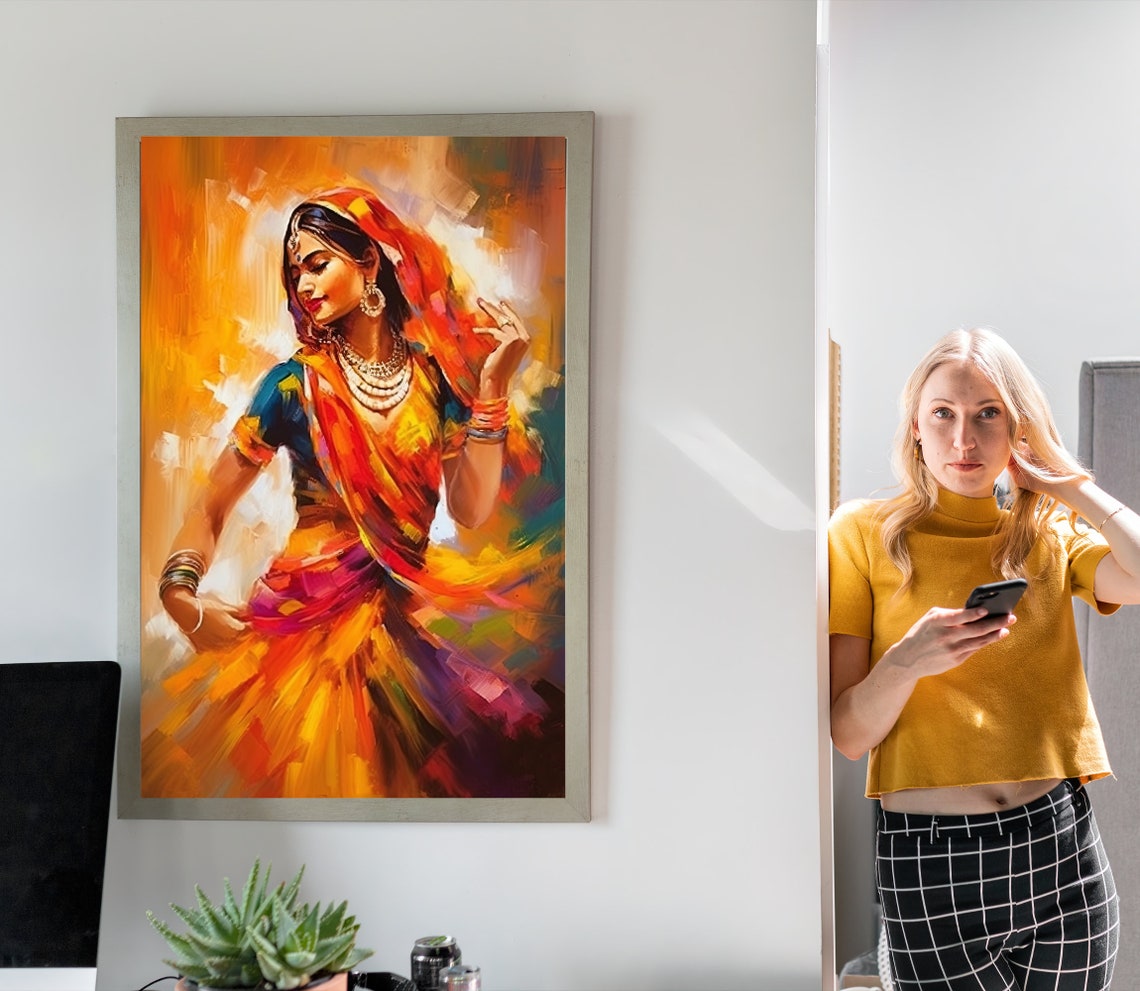 Vibrant Indian Folk Dancer in Swirling Sari Oil Painting Poster - Image 3