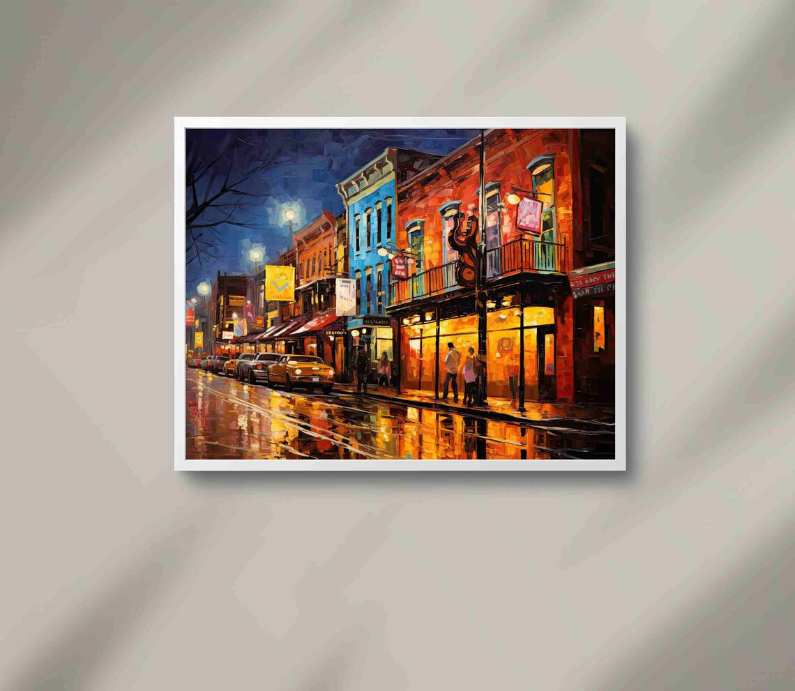 Rainy Honky Tonk Row Night Street Neon Lights City Art Poster - Image 3