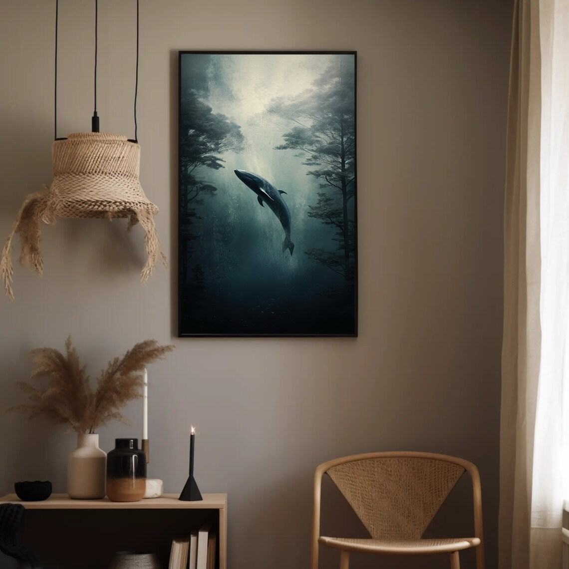 Whale Leaping in Foggy Forest Surreal Nature Oil Painting Poster - Image 3