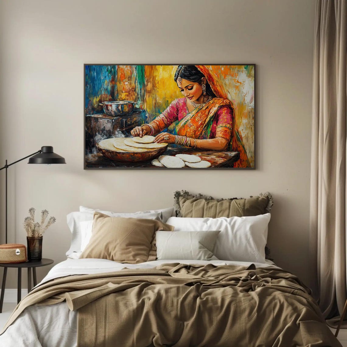 Indian Woman Cooking Flatbread Vibrant Rustic Kitchen Art Poster - Image 3