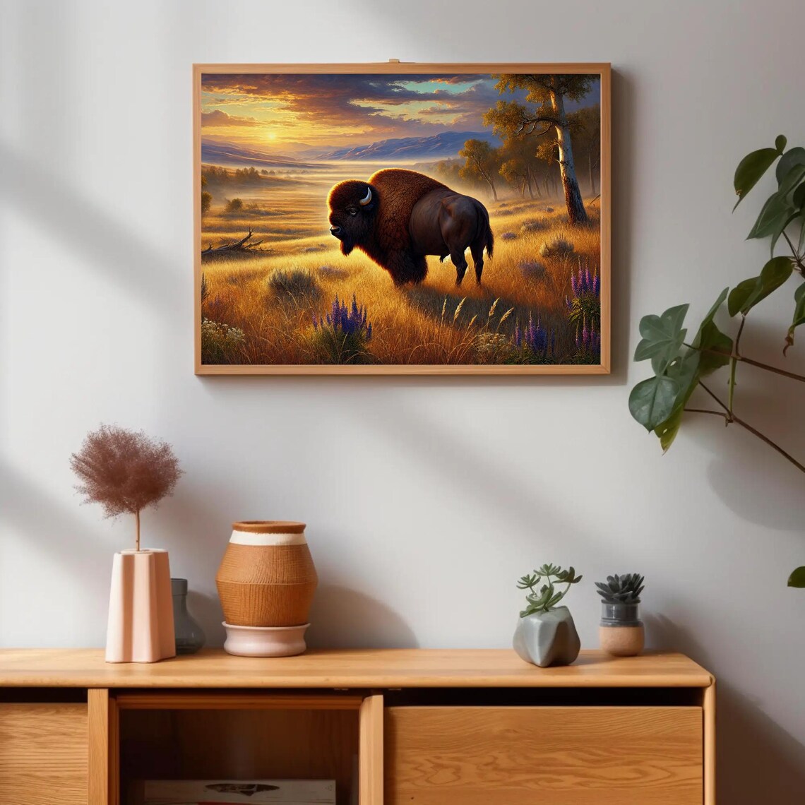 Bison Sunset Golden Meadow Wildflowers Majestic Prairie Landscape Poster - Image 4